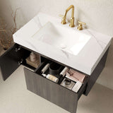 36" Black Wood Floating Single Door Bathroom Vanity With White Sink