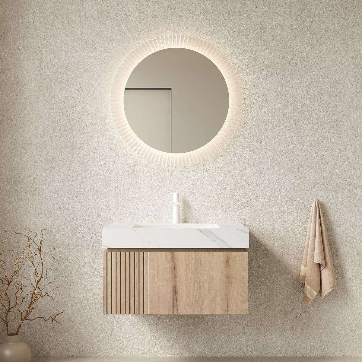 30" Brown Wood Floating Single Door Bathroom Vanity With White Sink - HomeRoots - Flyclothing LLC