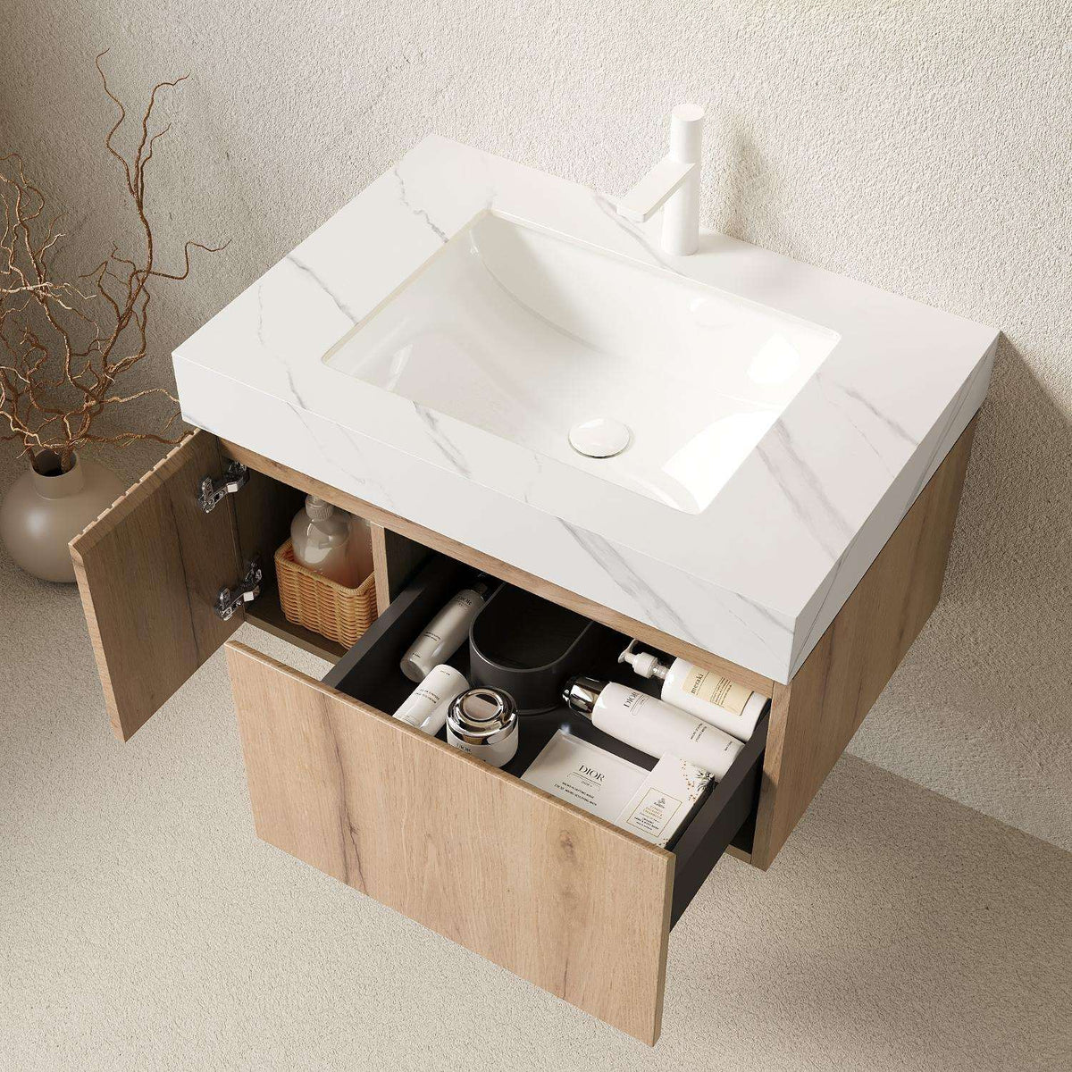 30" Brown Wood Floating Single Door Bathroom Vanity With White Sink - HomeRoots - Flyclothing LLC