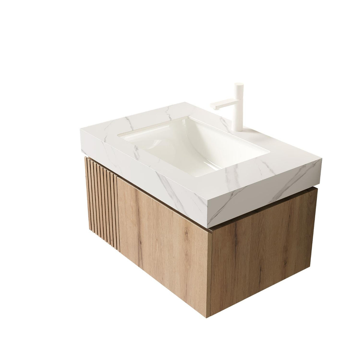 30" Brown Wood Floating Single Door Bathroom Vanity With White Sink - HomeRoots - Flyclothing LLC