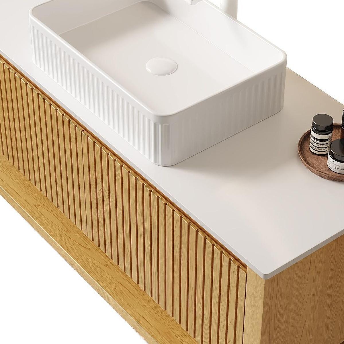 48" Brown Wood Floating Bathroom Vanity With White Sink And Two Drawers - HomeRoots - Flyclothing LLC