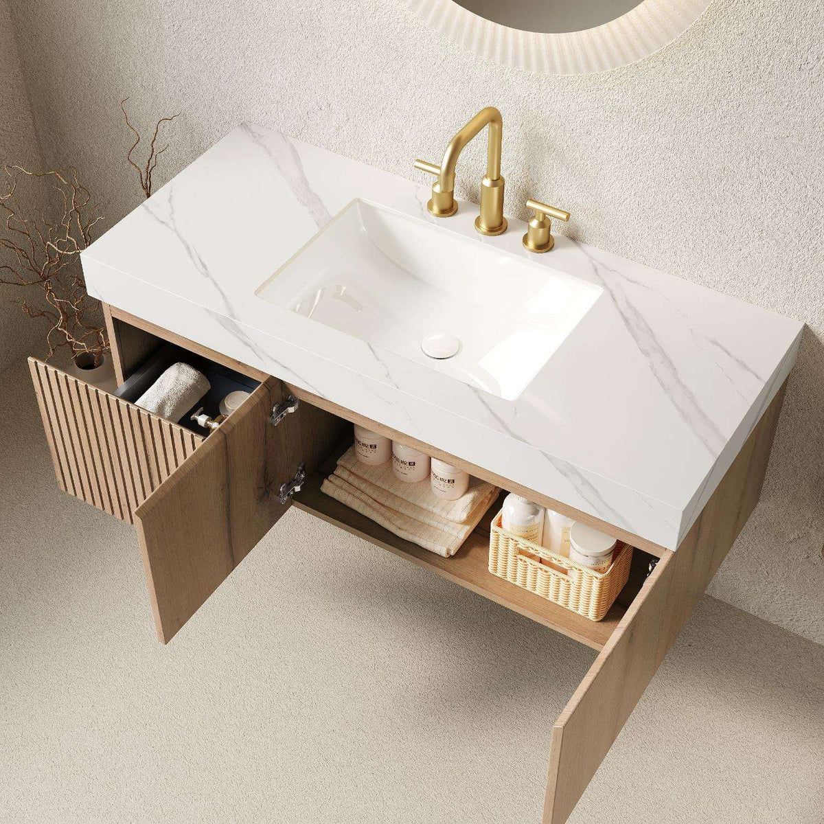 48" Brown Wood Floating Single Door Bathroom Vanity With White Sink - HomeRoots - Flyclothing LLC