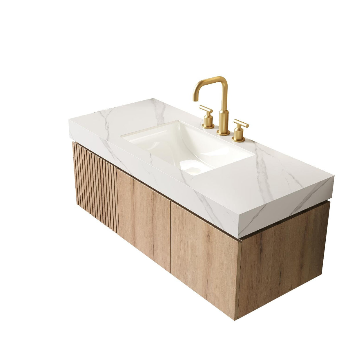 48" Brown Wood Floating Single Door Bathroom Vanity With White Sink - HomeRoots - Flyclothing LLC