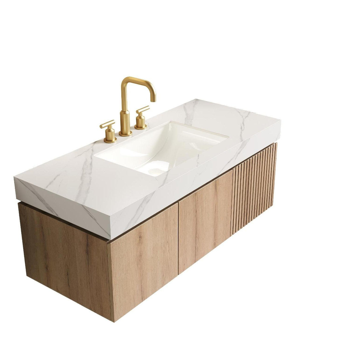48" Brown Wood Floating Single Door Bathroom Vanity With White Sink - HomeRoots - Flyclothing LLC