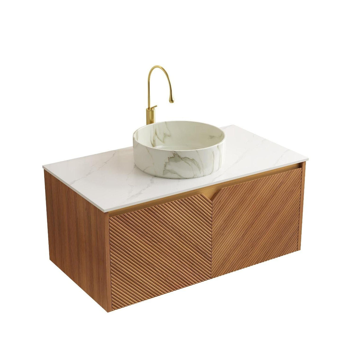36" Brown Wood Floating Bathroom Vanity With White Sink And Two Drawers - HomeRoots - Flyclothing LLC