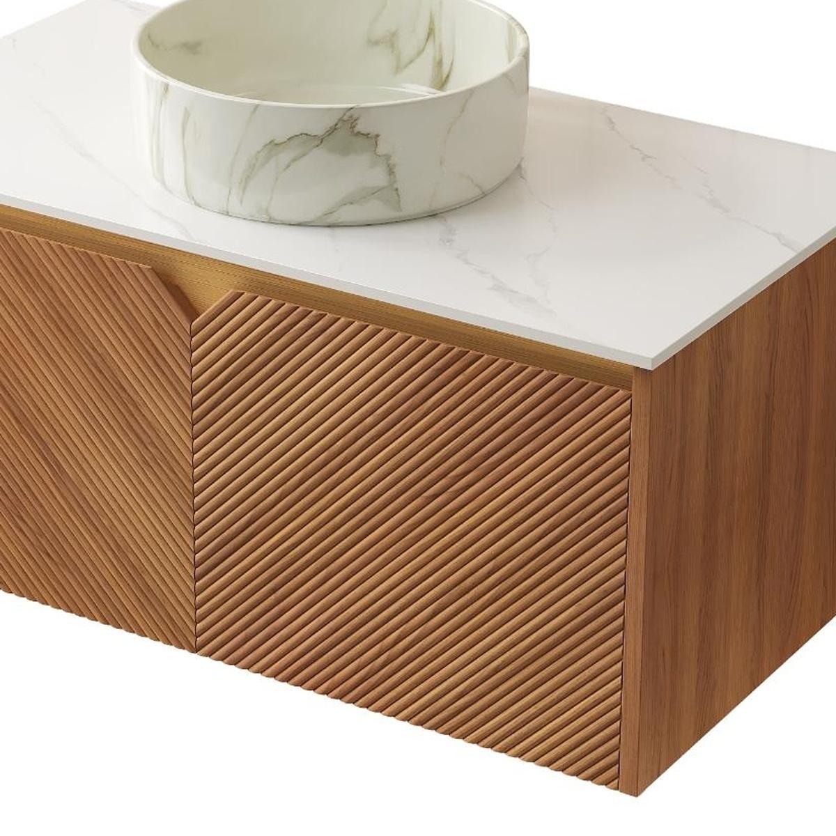 36" Brown Wood Floating Bathroom Vanity With White Sink And Two Drawers - HomeRoots - Flyclothing LLC