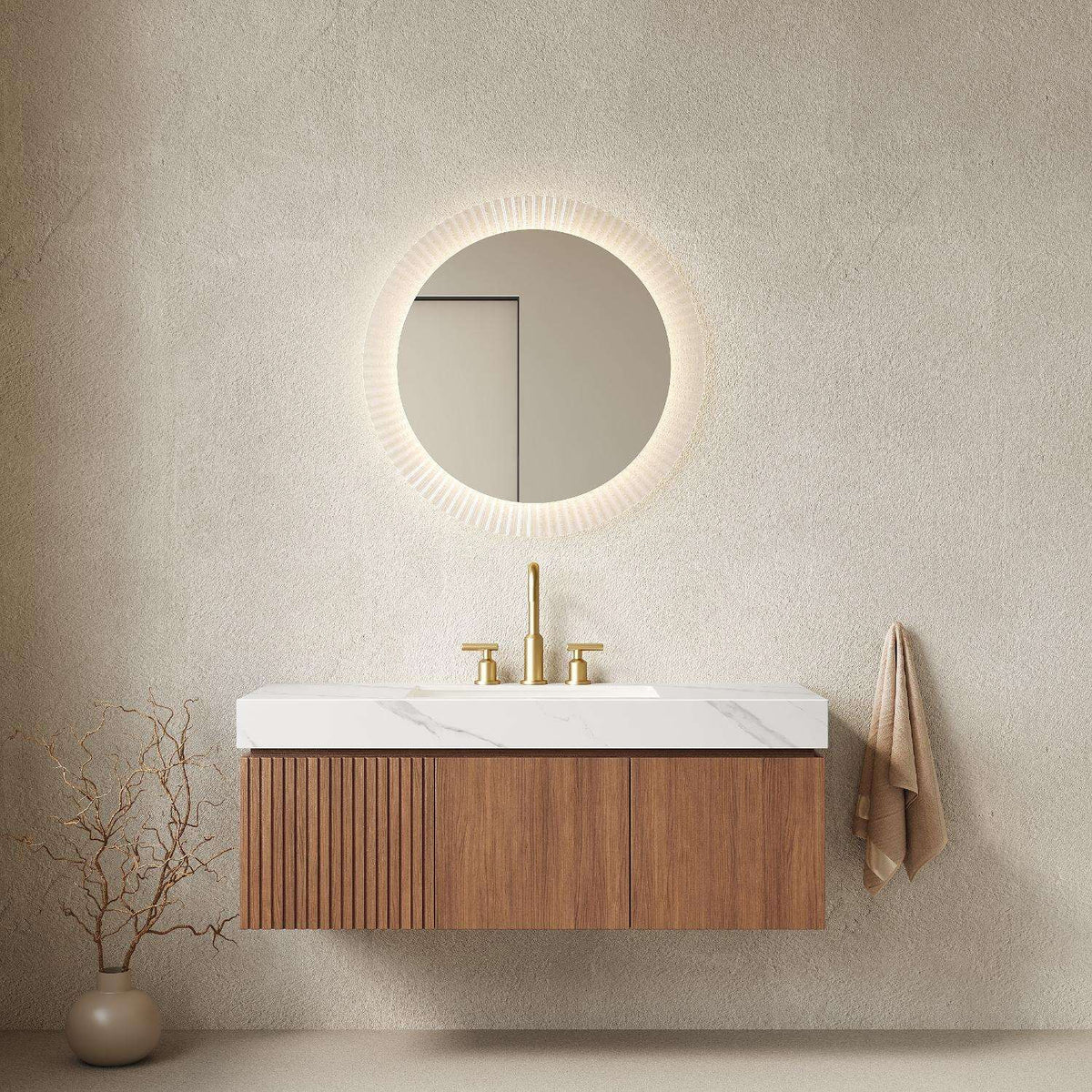 48" Brown Wood Floating Double Door Bathroom Vanity With White Sink - HomeRoots - Flyclothing LLC