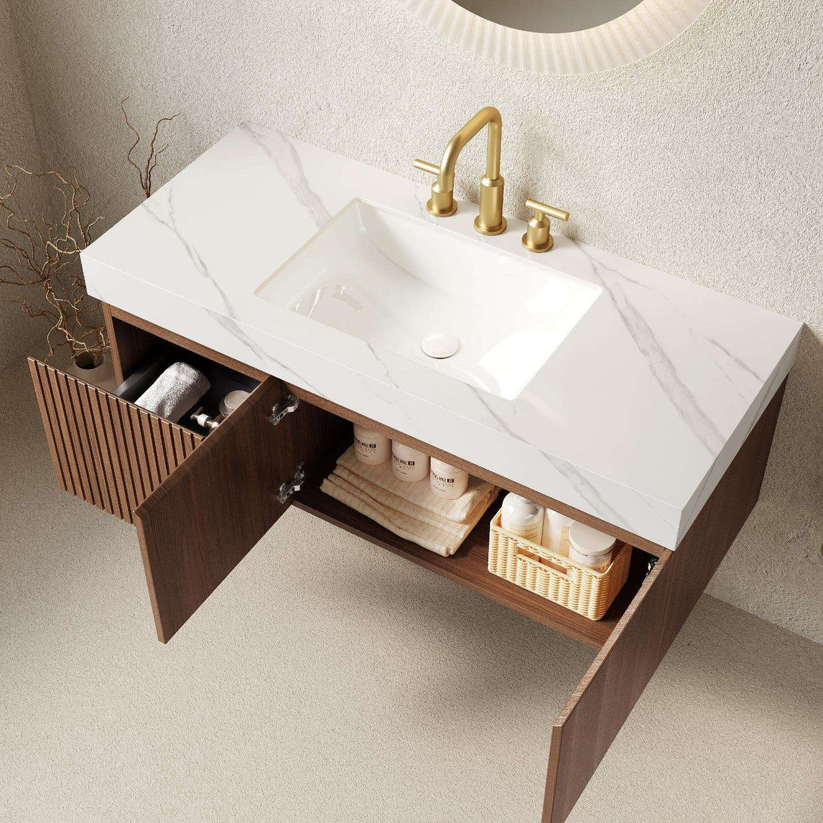 48" Brown Wood Floating Double Door Bathroom Vanity With White Sink - HomeRoots - Flyclothing LLC