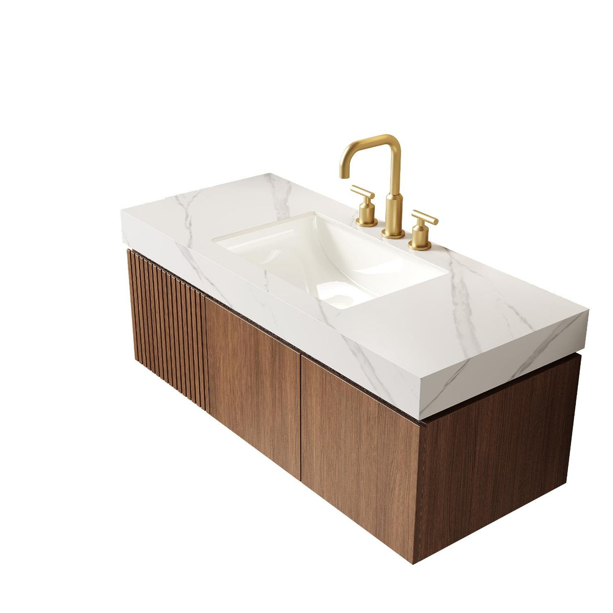 48" Brown Wood Floating Double Door Bathroom Vanity With White Sink - HomeRoots - Flyclothing LLC