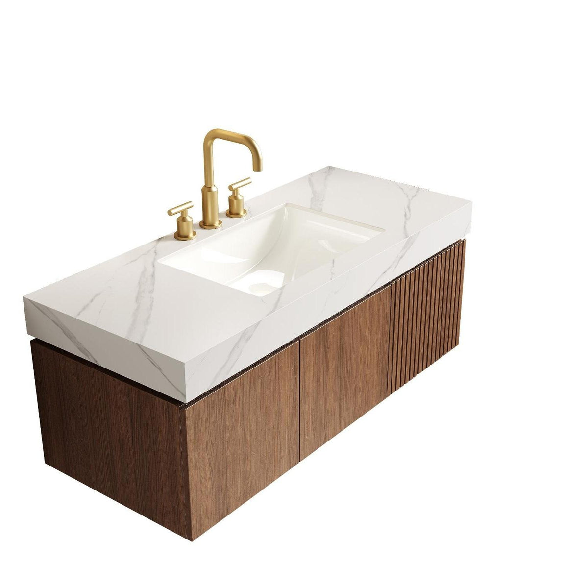 48" Brown Wood Floating Double Door Bathroom Vanity With White Sink - HomeRoots - Flyclothing LLC