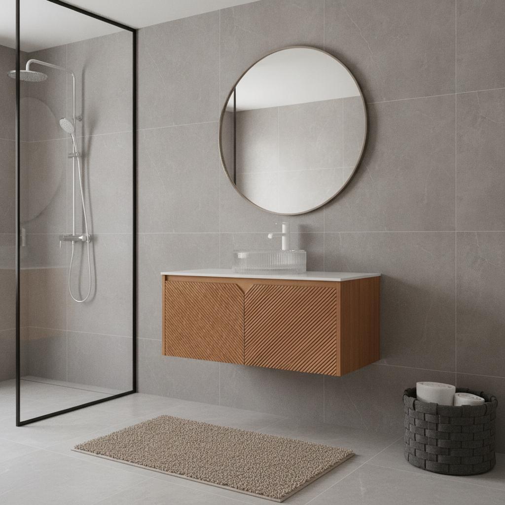 36" Brown Wood Floating Double Door Bathroom Vanity With White Sink - HomeRoots - Flyclothing LLC