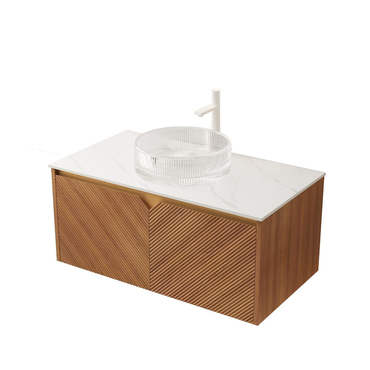 36" Brown Wood Floating Double Door Bathroom Vanity With White Sink - HomeRoots - Flyclothing LLC