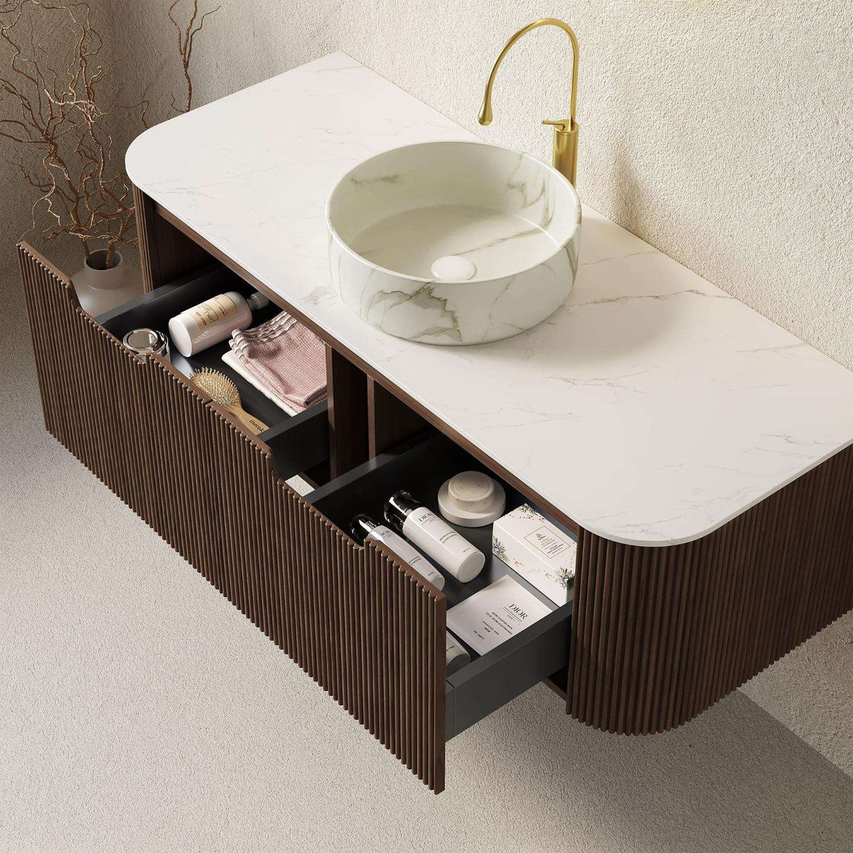 48" Brown Wood Floating Bathroom Vanity With White Sink And Two Drawers - HomeRoots - Flyclothing LLC
