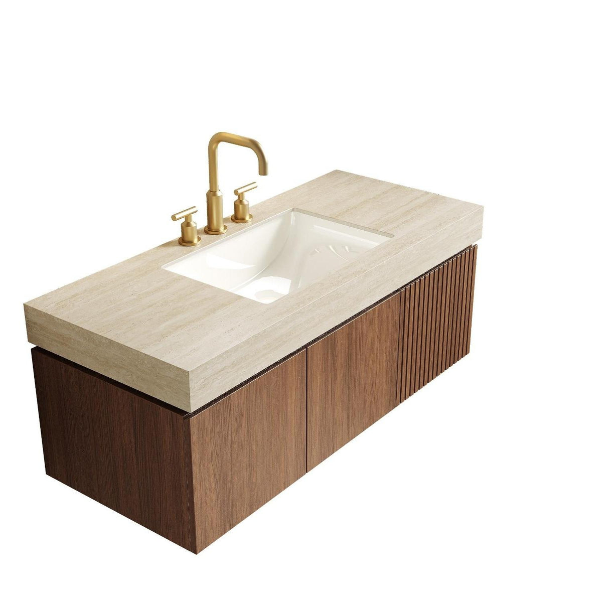 48" Brown Wood Floating Double Door Bathroom Vanity With White Sink - HomeRoots - Flyclothing LLC