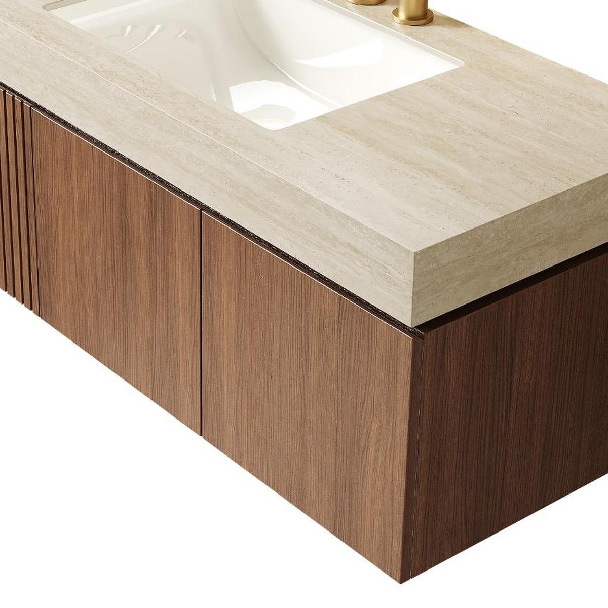 48" Brown Wood Floating Double Door Bathroom Vanity With White Sink - HomeRoots - Flyclothing LLC