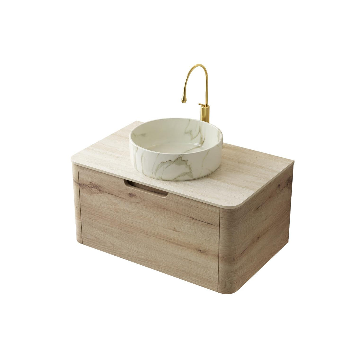 30" Brown Wood Floating Bathroom Vanity With White Sink