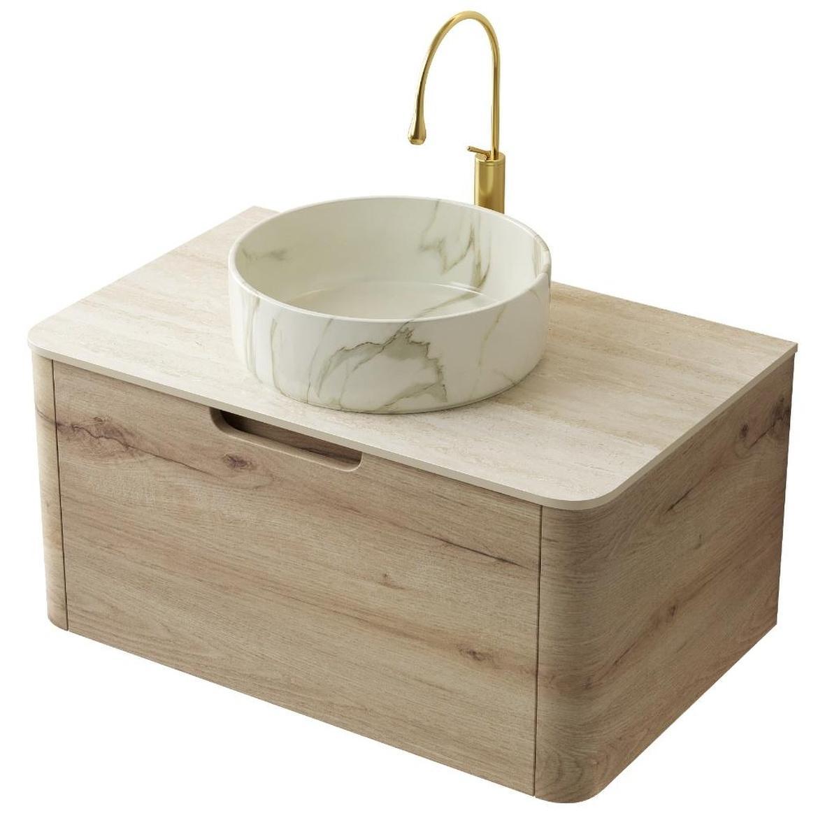30" Brown Wood Floating Bathroom Vanity With White Sink