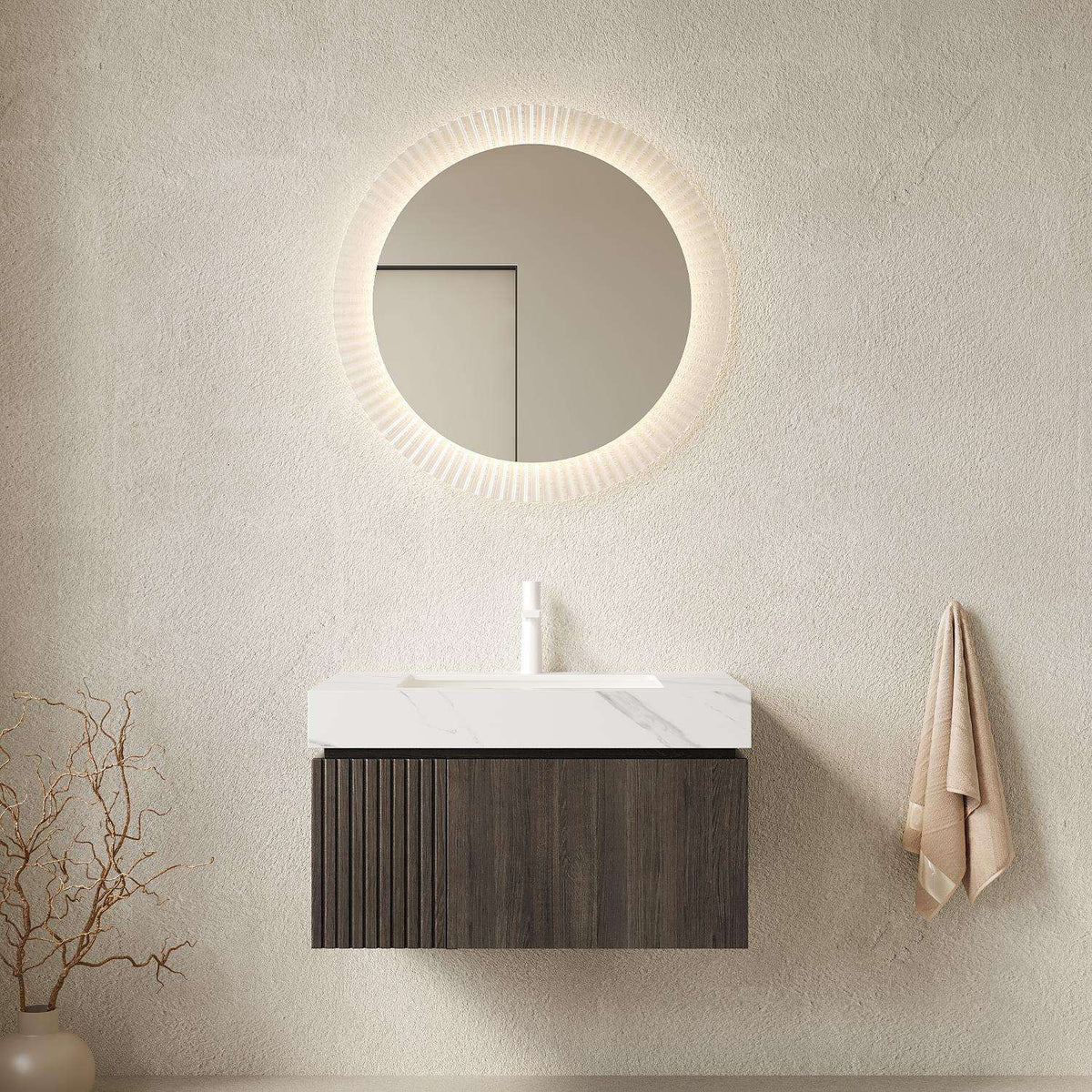 30" Brown Wood Floating Single Door Bathroom Vanity With White Sink - HomeRoots - Flyclothing LLC