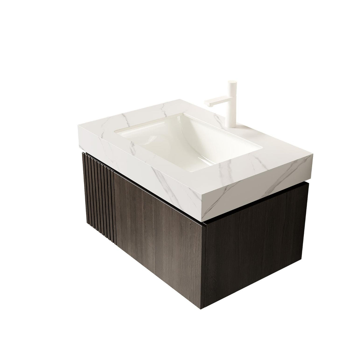 30" Brown Wood Floating Single Door Bathroom Vanity With White Sink - HomeRoots - Flyclothing LLC