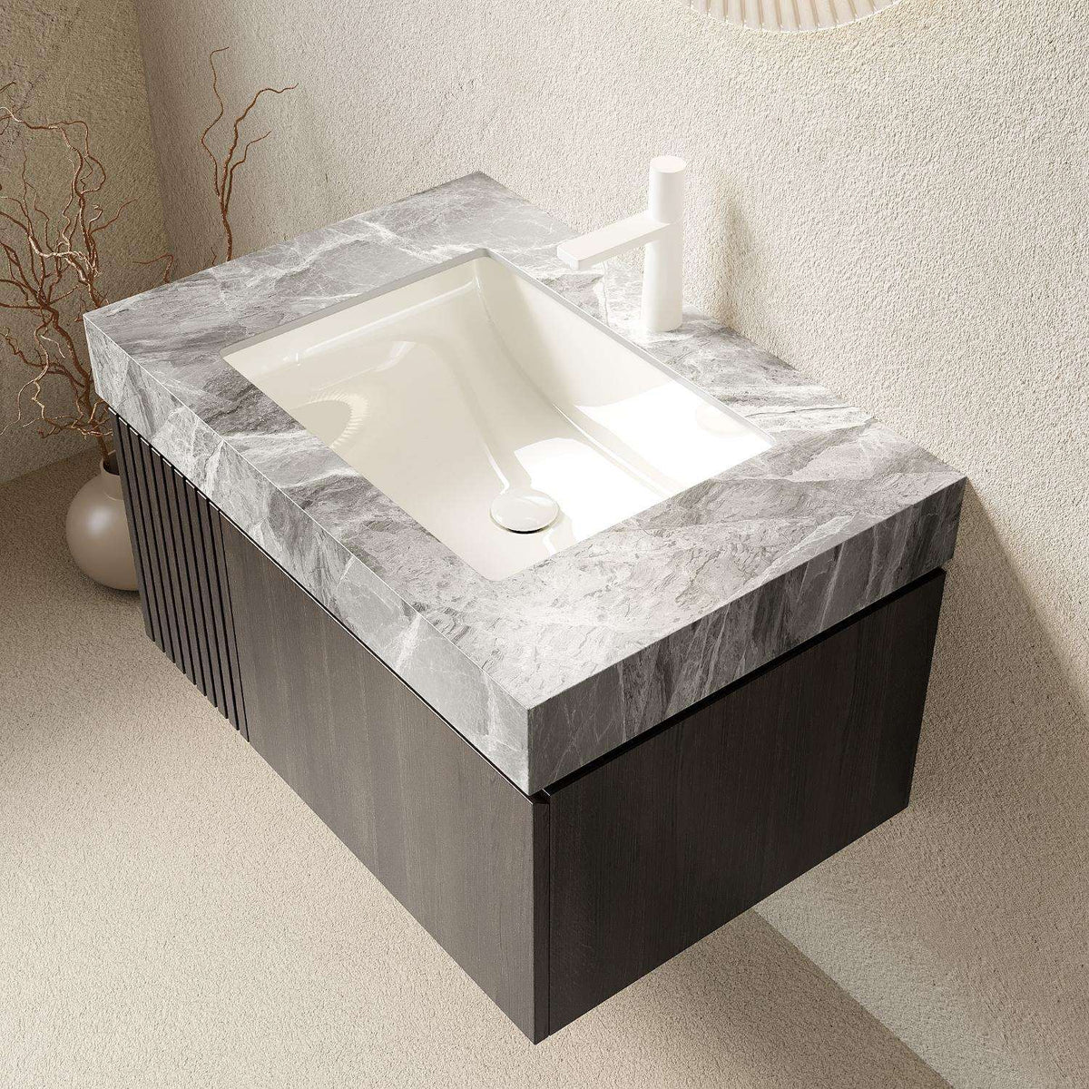 30" Black Wood Floating Single Door Bathroom Vanity With White Sink - HomeRoots - Flyclothing LLC