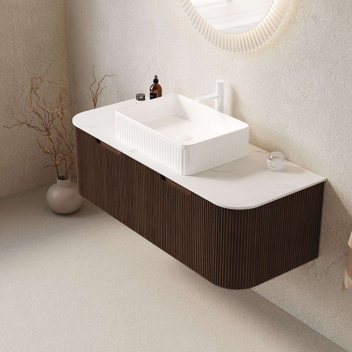 48" Brown Wood Floating Bathroom Vanity With White Sink And Two Drawers - HomeRoots - Flyclothing LLC