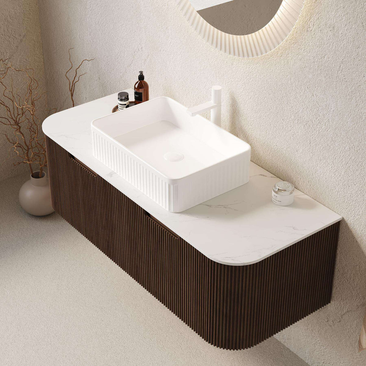48" Brown Wood Floating Bathroom Vanity With White Sink And Two Drawers - HomeRoots - Flyclothing LLC