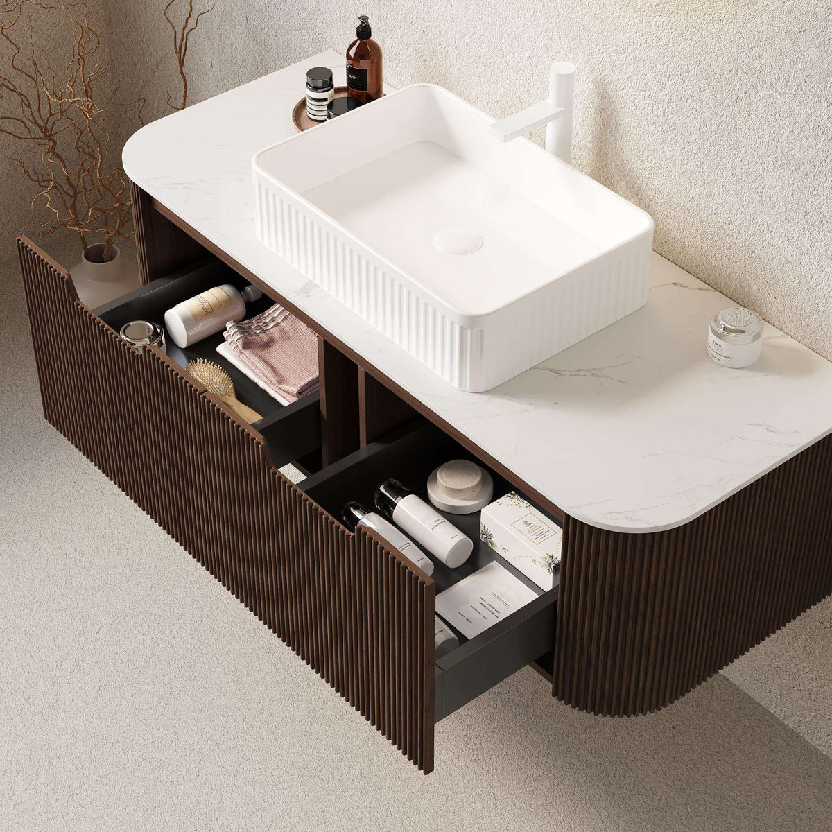 48" Brown Wood Floating Bathroom Vanity With White Sink And Two Drawers - HomeRoots - Flyclothing LLC