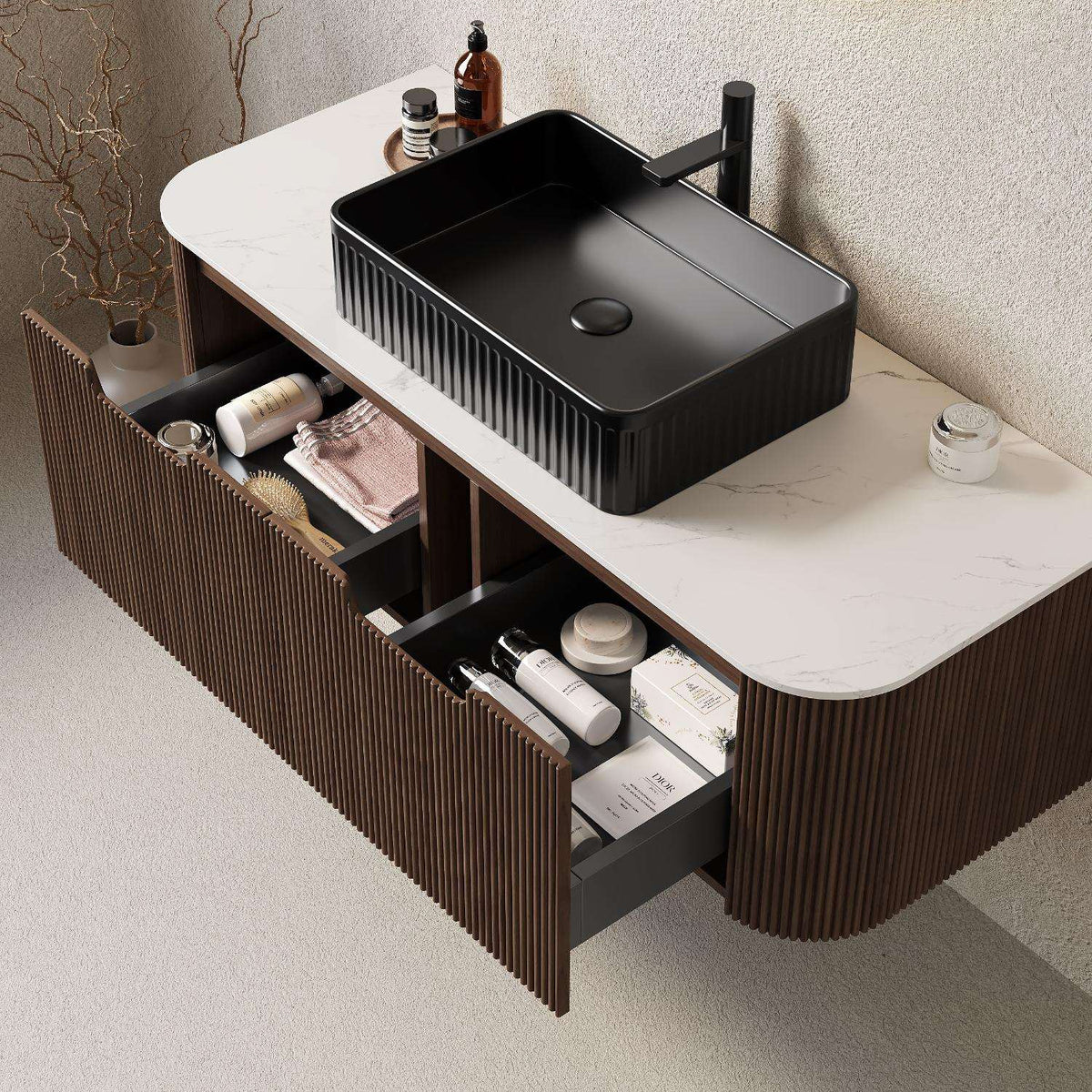 48" Brown Wood Floating Bathroom Vanity With Black Sink And Two Drawers - HomeRoots - Flyclothing LLC