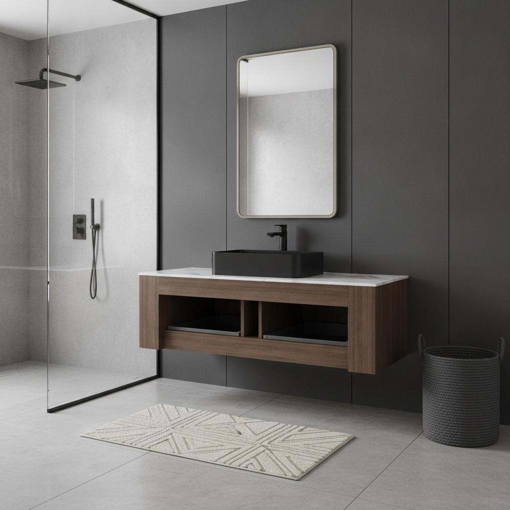 48" Brown Wood Floating Bathroom Vanity With Black Sink And Two Drawers - HomeRoots - Flyclothing LLC