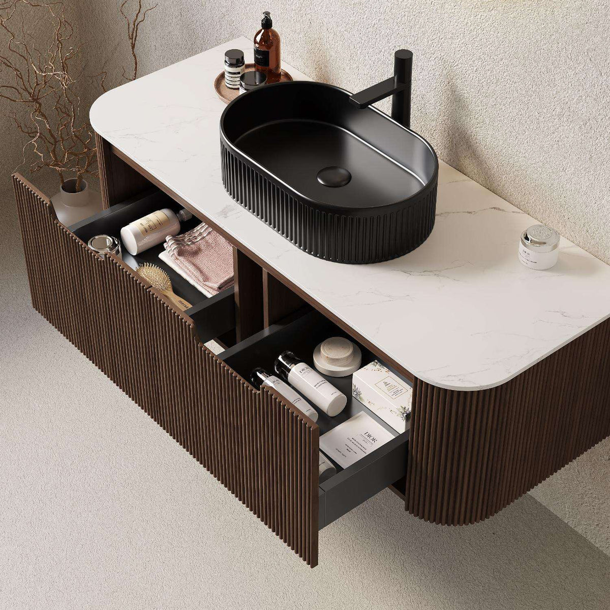 48" Brown Wood Floating Bathroom Vanity With Black Sink And Two Drawers - HomeRoots - Flyclothing LLC