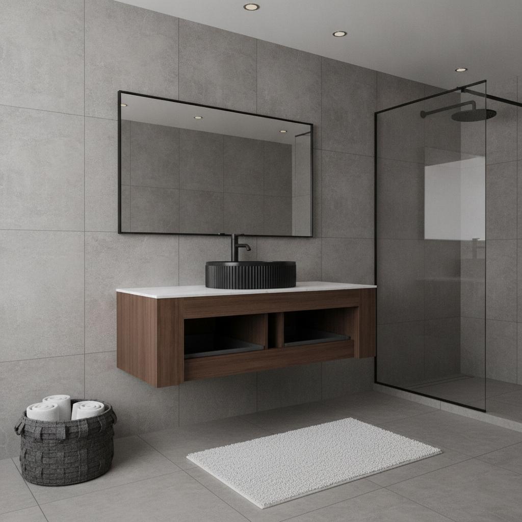 48" Brown Wood Floating Bathroom Vanity With Black Sink And Two Drawers - HomeRoots - Flyclothing LLC