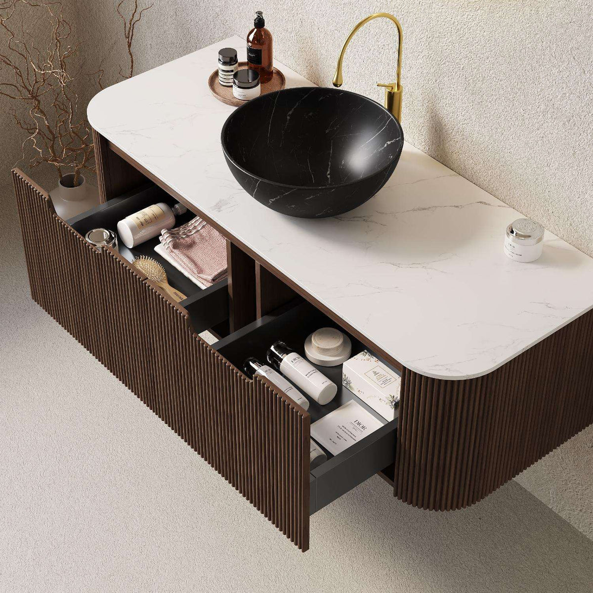 48" Brown Wood Floating Bathroom Vanity With Black Sink And Two Drawers - HomeRoots - Flyclothing LLC