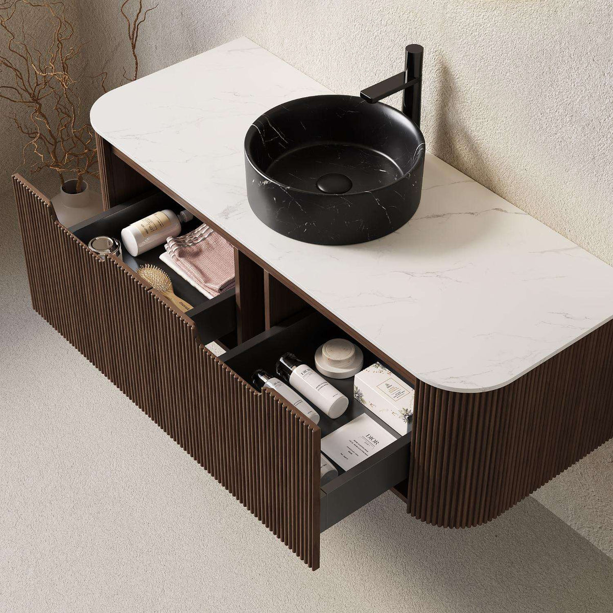 48" Brown Wood Floating Bathroom Vanity With Black Sink And Two Drawers - HomeRoots - Flyclothing LLC