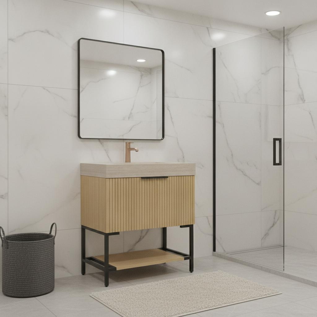 30" Gold Wood Freestanding Bathroom Vanity With White Sink - HomeRoots - Flyclothing LLC