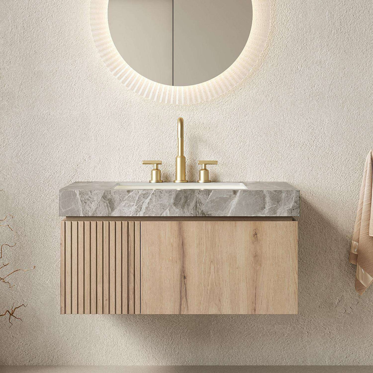 36" Brown Wood Floating Single Door Bathroom Vanity With White Sink - HomeRoots - Flyclothing LLC