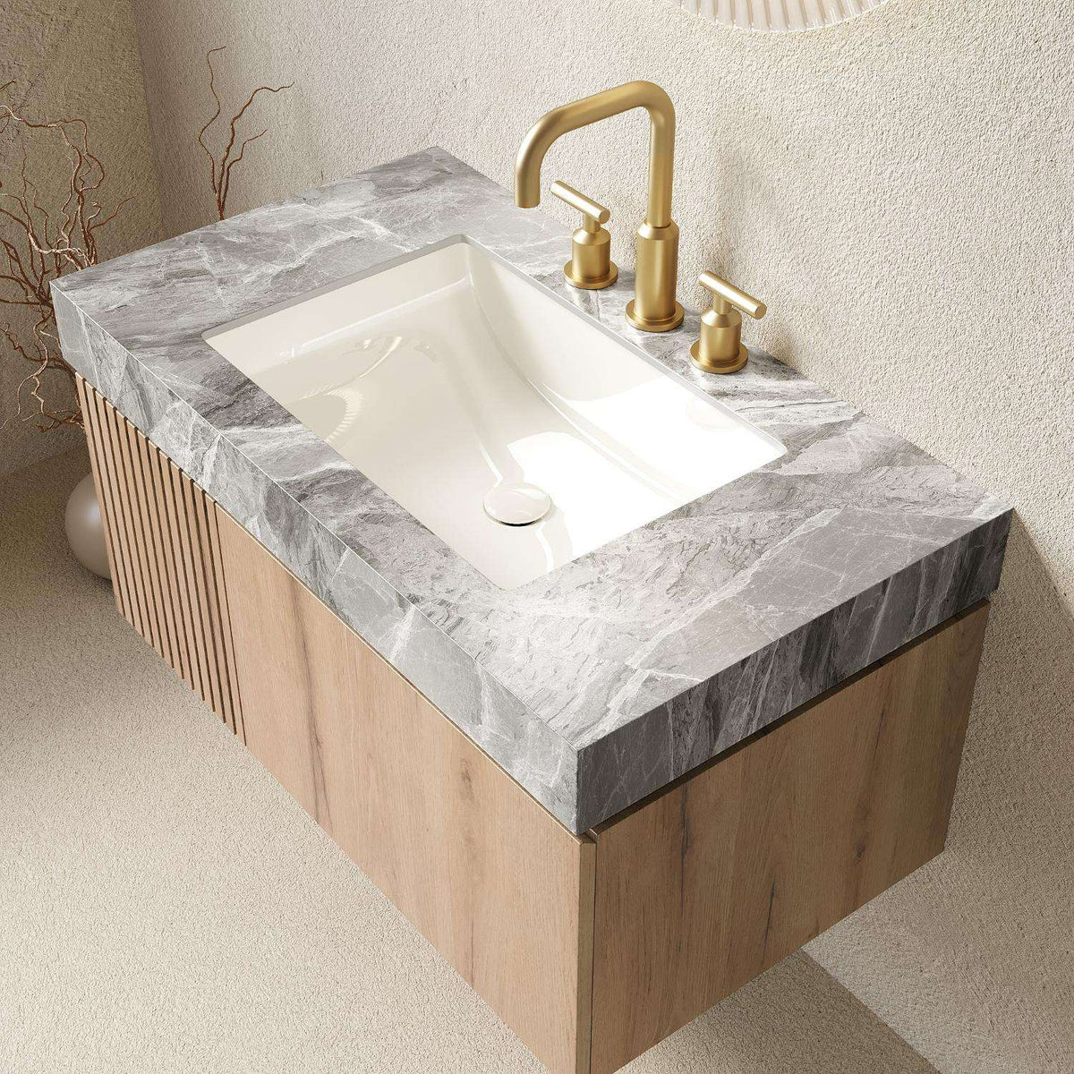 36" Brown Wood Floating Single Door Bathroom Vanity With White Sink - HomeRoots - Flyclothing LLC