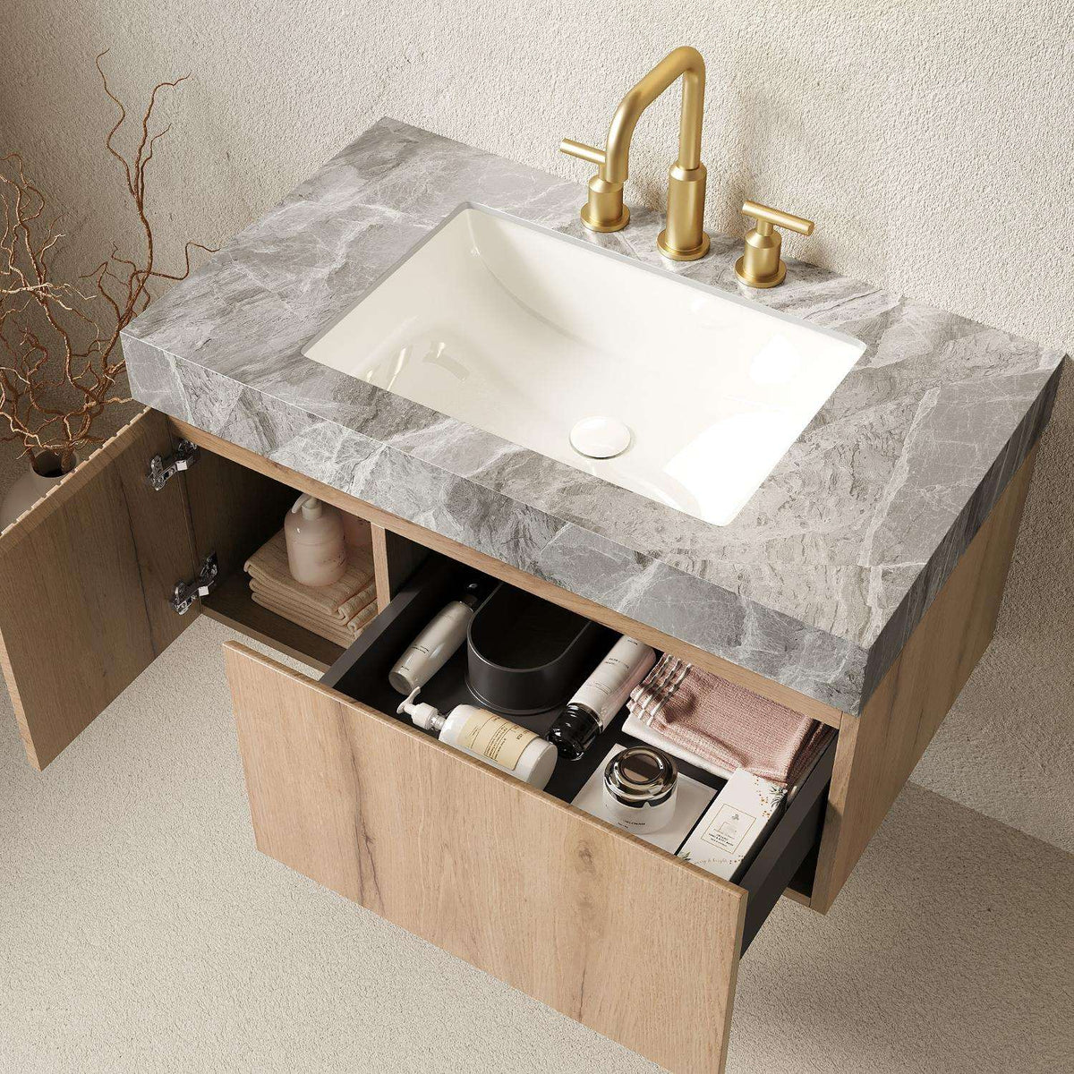 36" Brown Wood Floating Single Door Bathroom Vanity With White Sink - HomeRoots - Flyclothing LLC