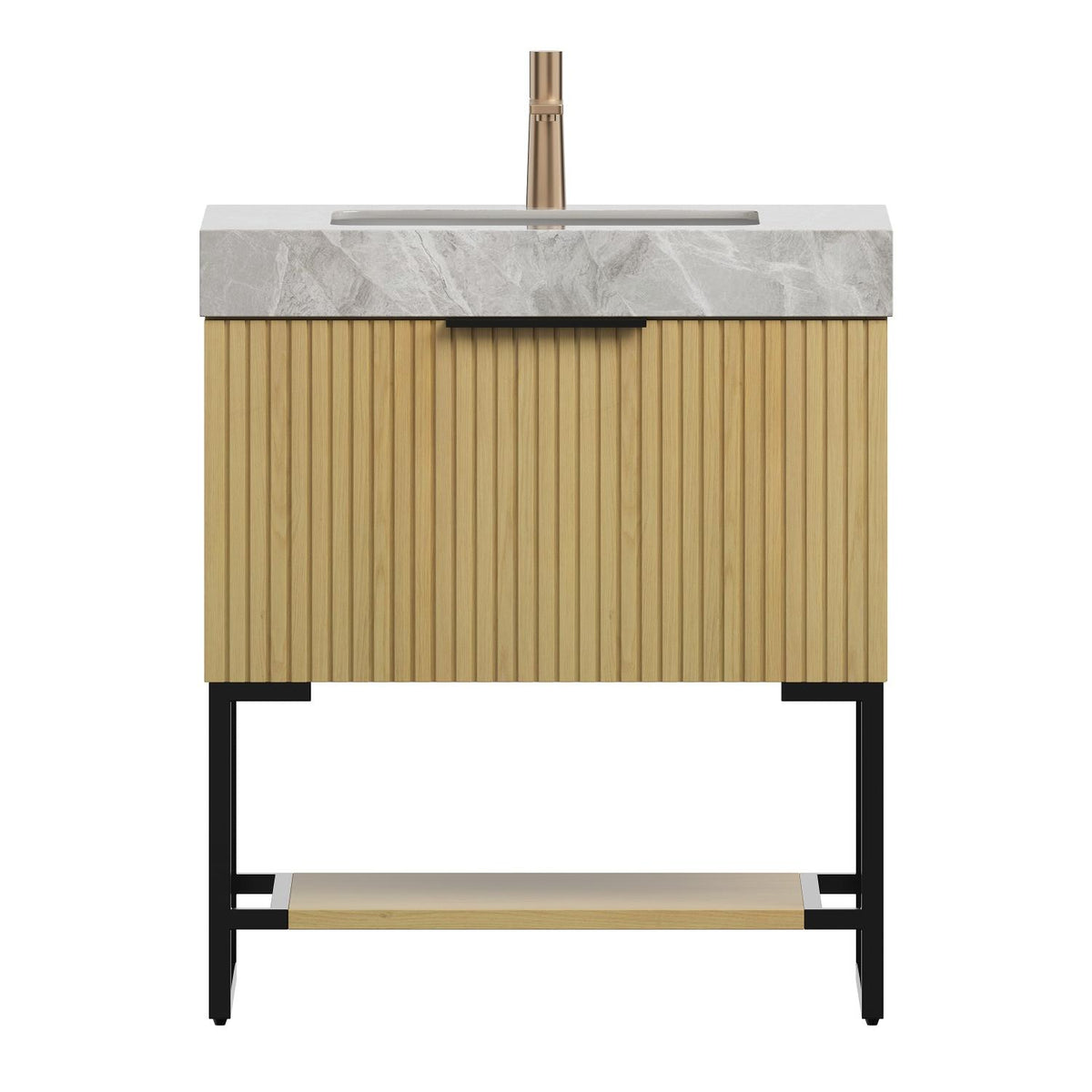 30" Brown Wood Freestanding Bathroom Vanity With White Sink