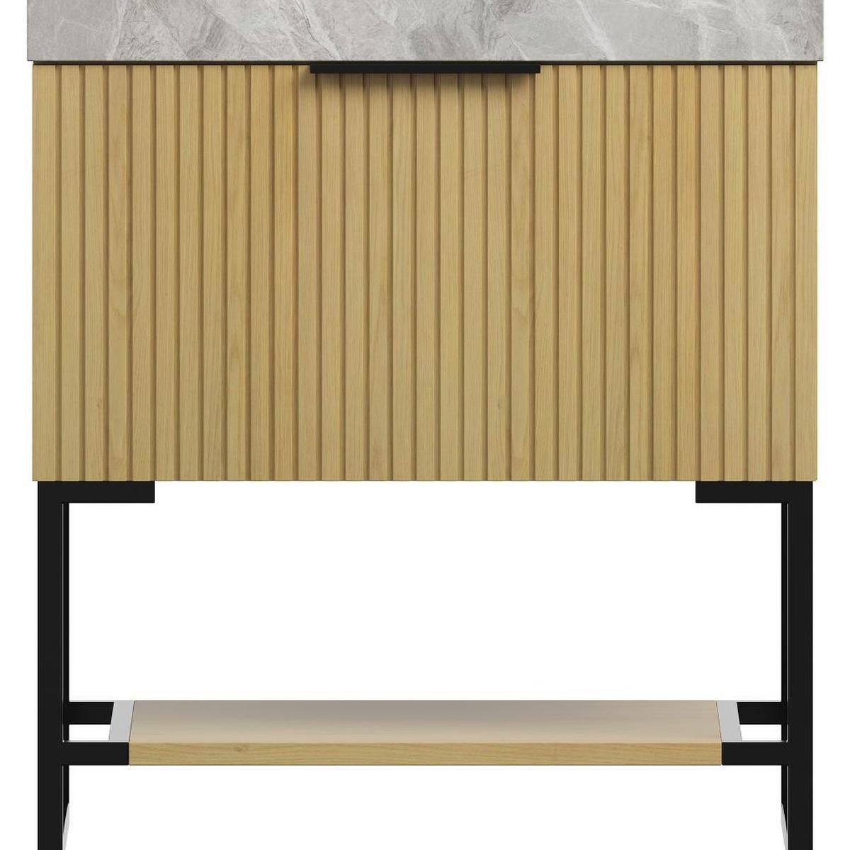 30" Brown Wood Freestanding Bathroom Vanity With White Sink