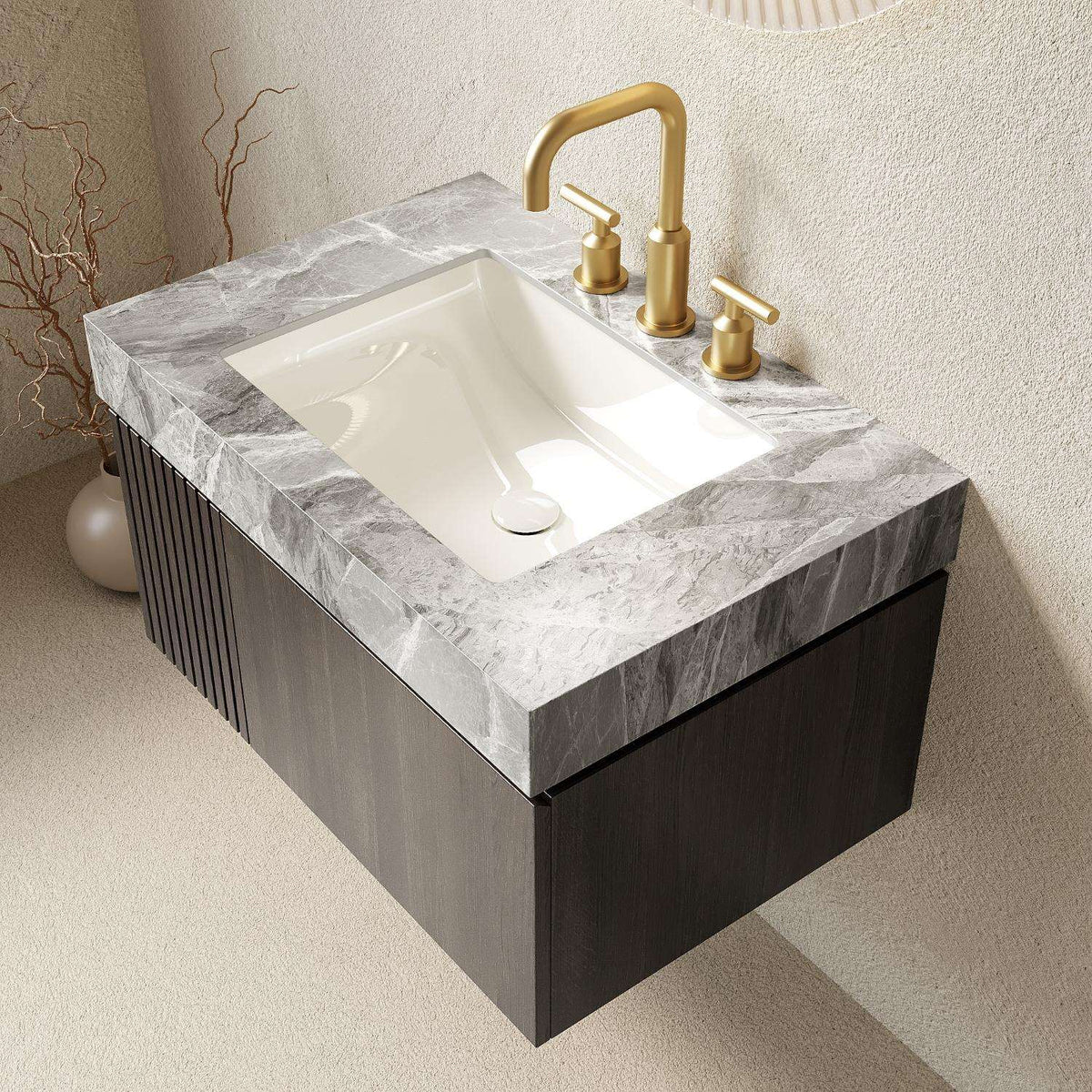 30" Black Wood Floating Single Door Bathroom Vanity With White Sink - HomeRoots - Flyclothing LLC