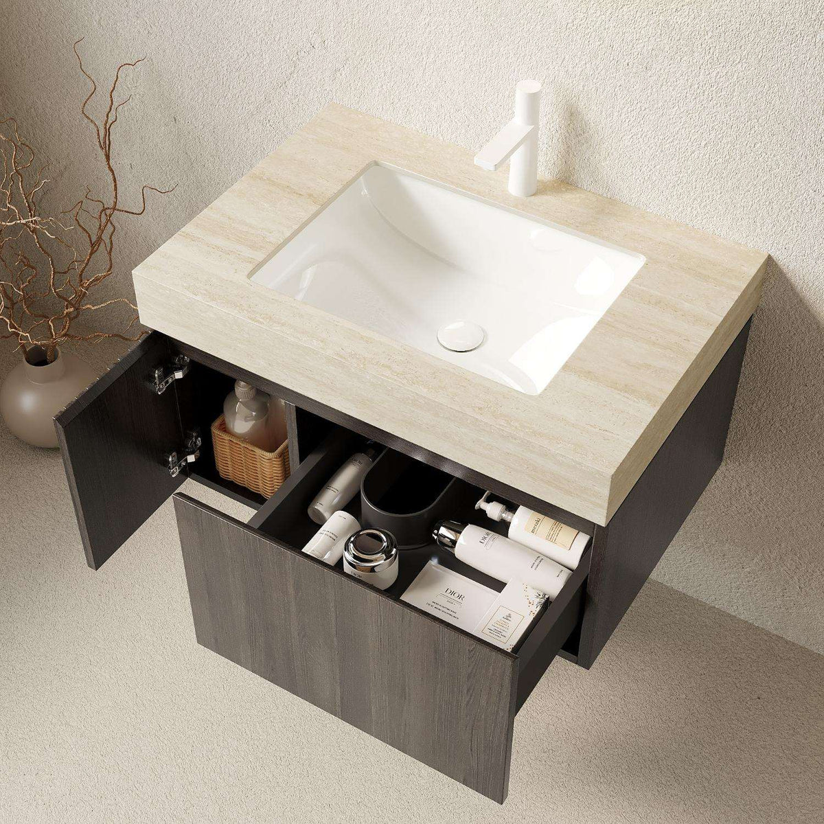 30" Black Wood Floating Bathroom Vanity With White Sink - HomeRoots - Flyclothing LLC