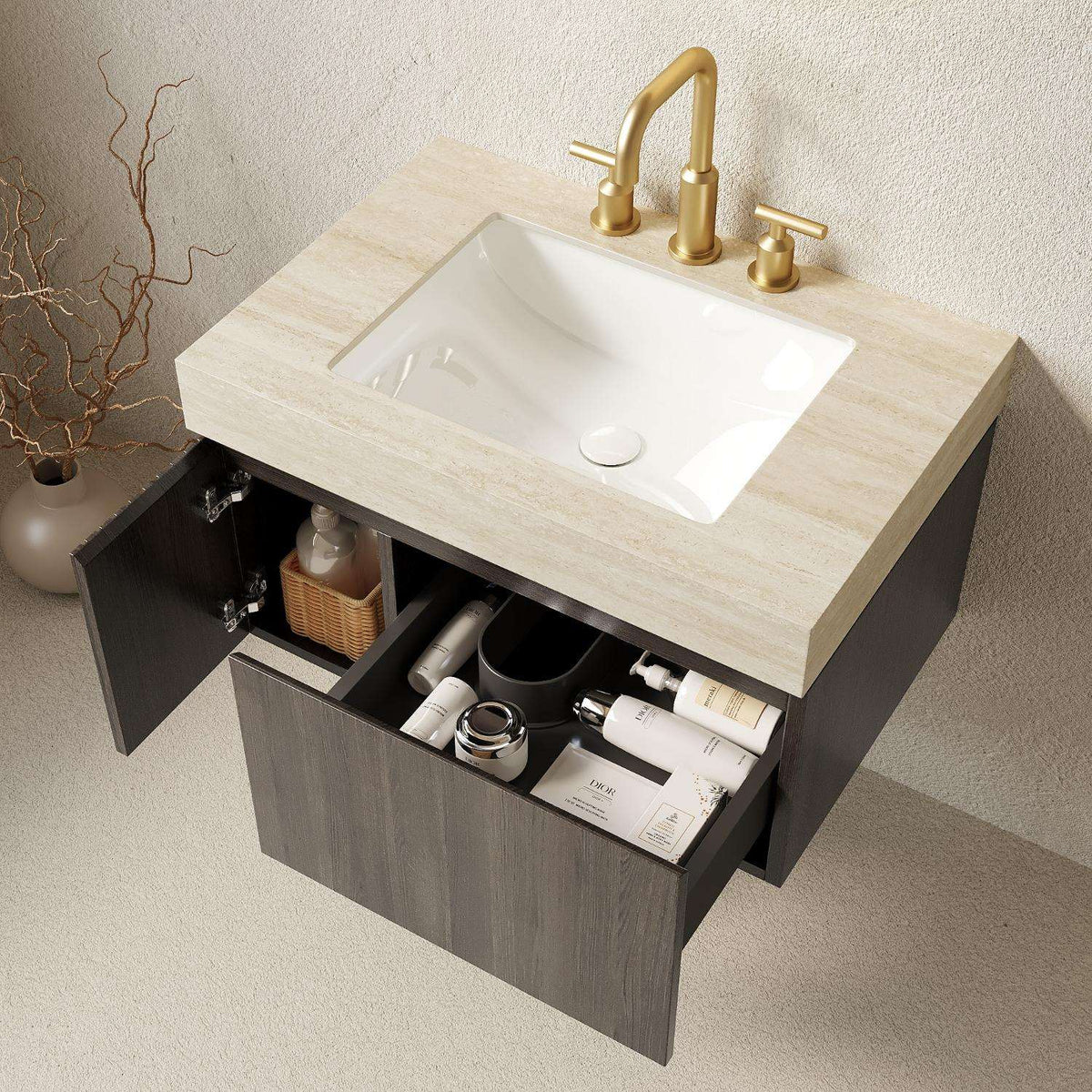 30" Black Wood Floating Single Door Bathroom Vanity With White Sink