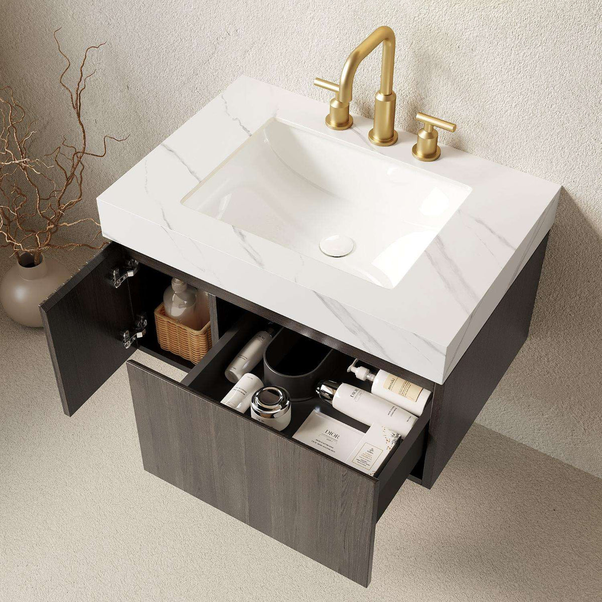 30" Black Wood Floating Single Door Bathroom Vanity With White Sink - HomeRoots - Flyclothing LLC