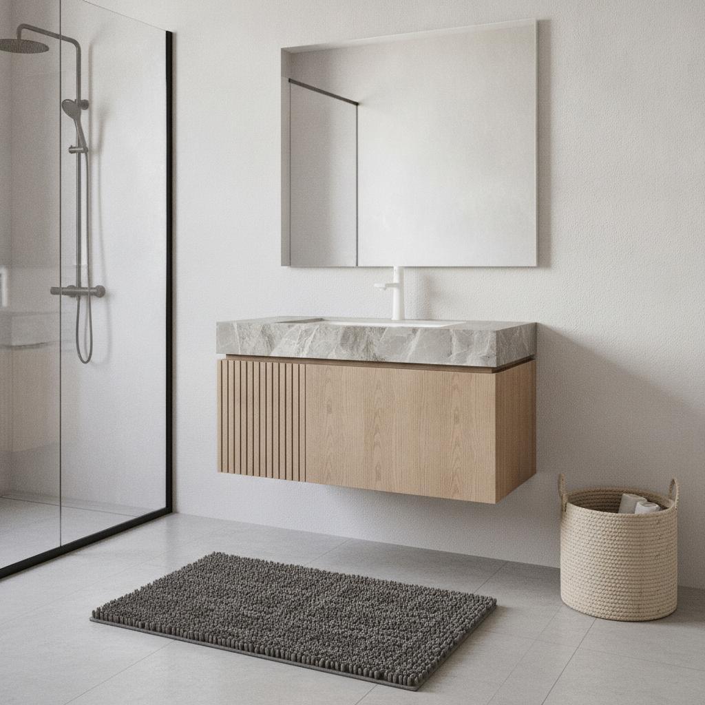 36" Brown Wood Floating Single Door Bathroom Vanity With White Sink - HomeRoots - Flyclothing LLC