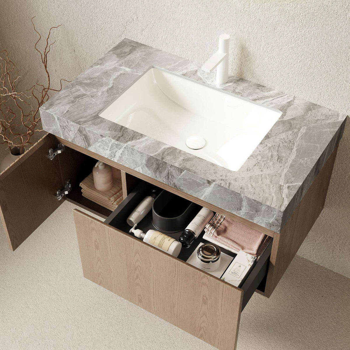 36" Brown Wood Floating Single Door Bathroom Vanity With White Sink - HomeRoots - Flyclothing LLC