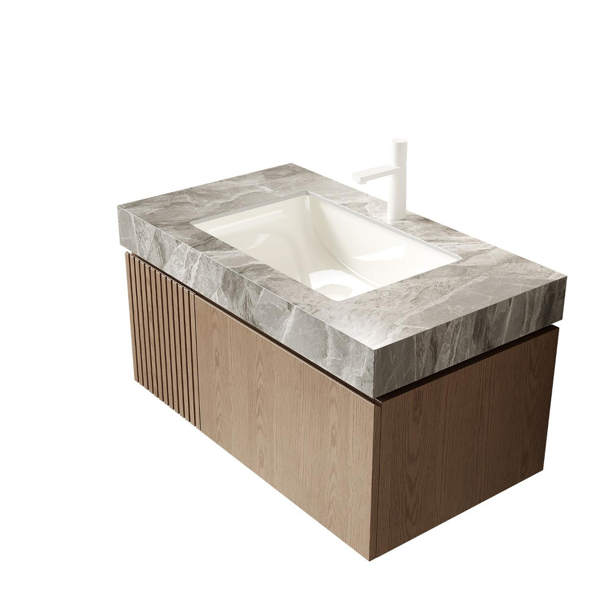 36" Brown Wood Floating Single Door Bathroom Vanity With White Sink - HomeRoots - Flyclothing LLC