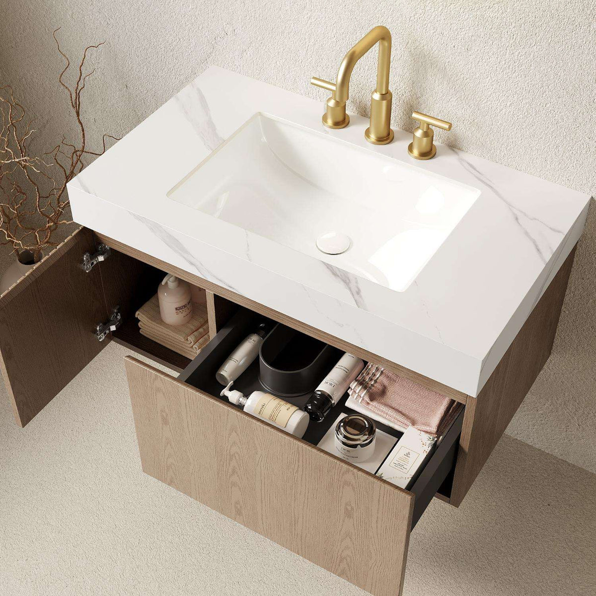 36" Brown Wood Floating Single Door Bathroom Vanity With White Sink - HomeRoots - Flyclothing LLC