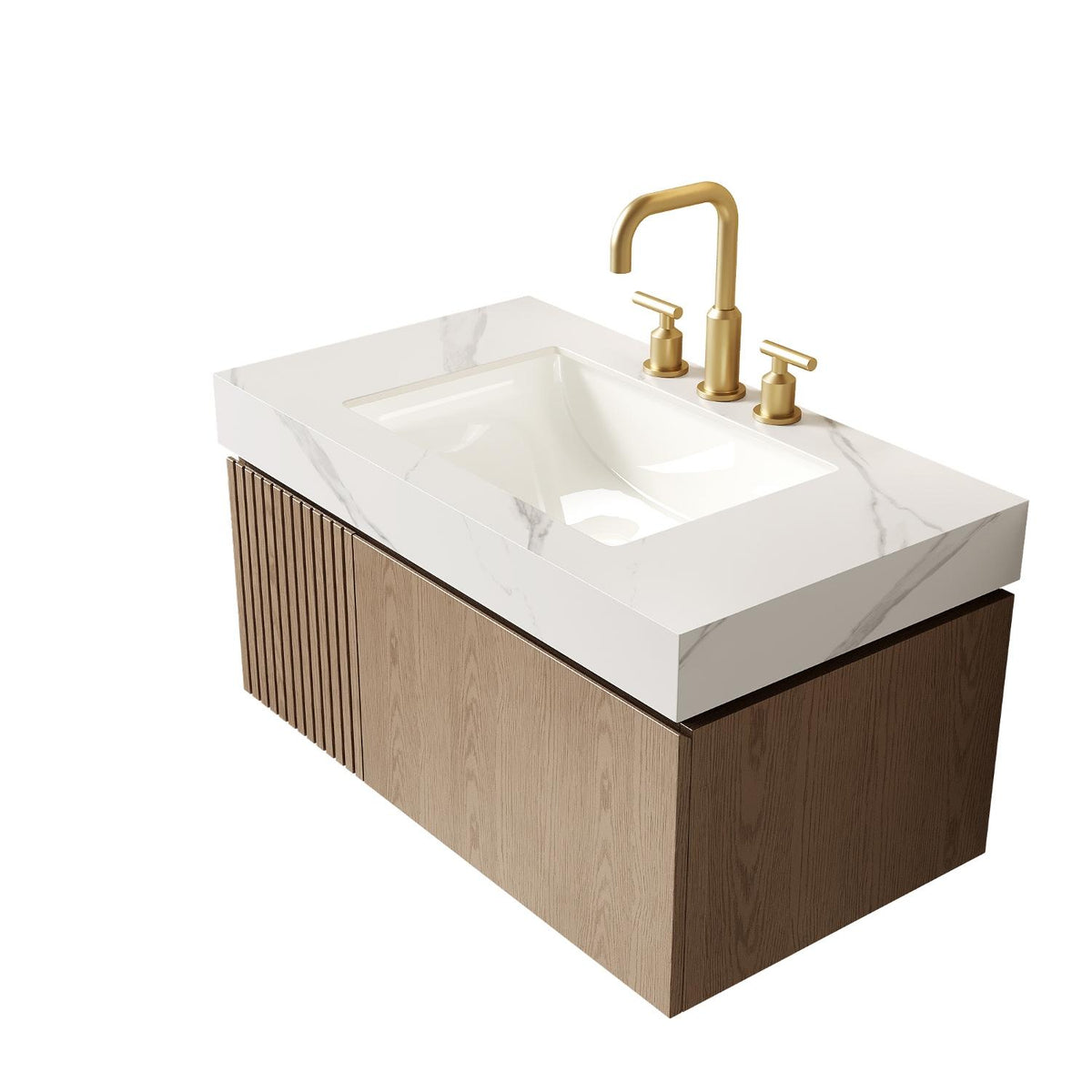 36" Brown Wood Floating Single Door Bathroom Vanity With White Sink - HomeRoots - Flyclothing LLC