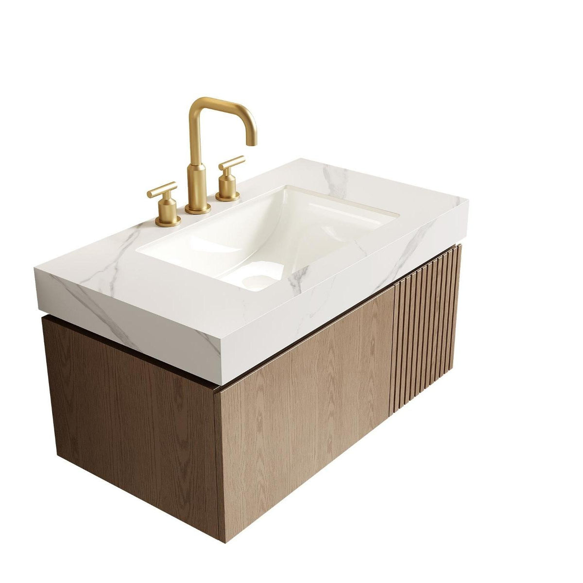 36" Brown Wood Floating Single Door Bathroom Vanity With White Sink - HomeRoots - Flyclothing LLC