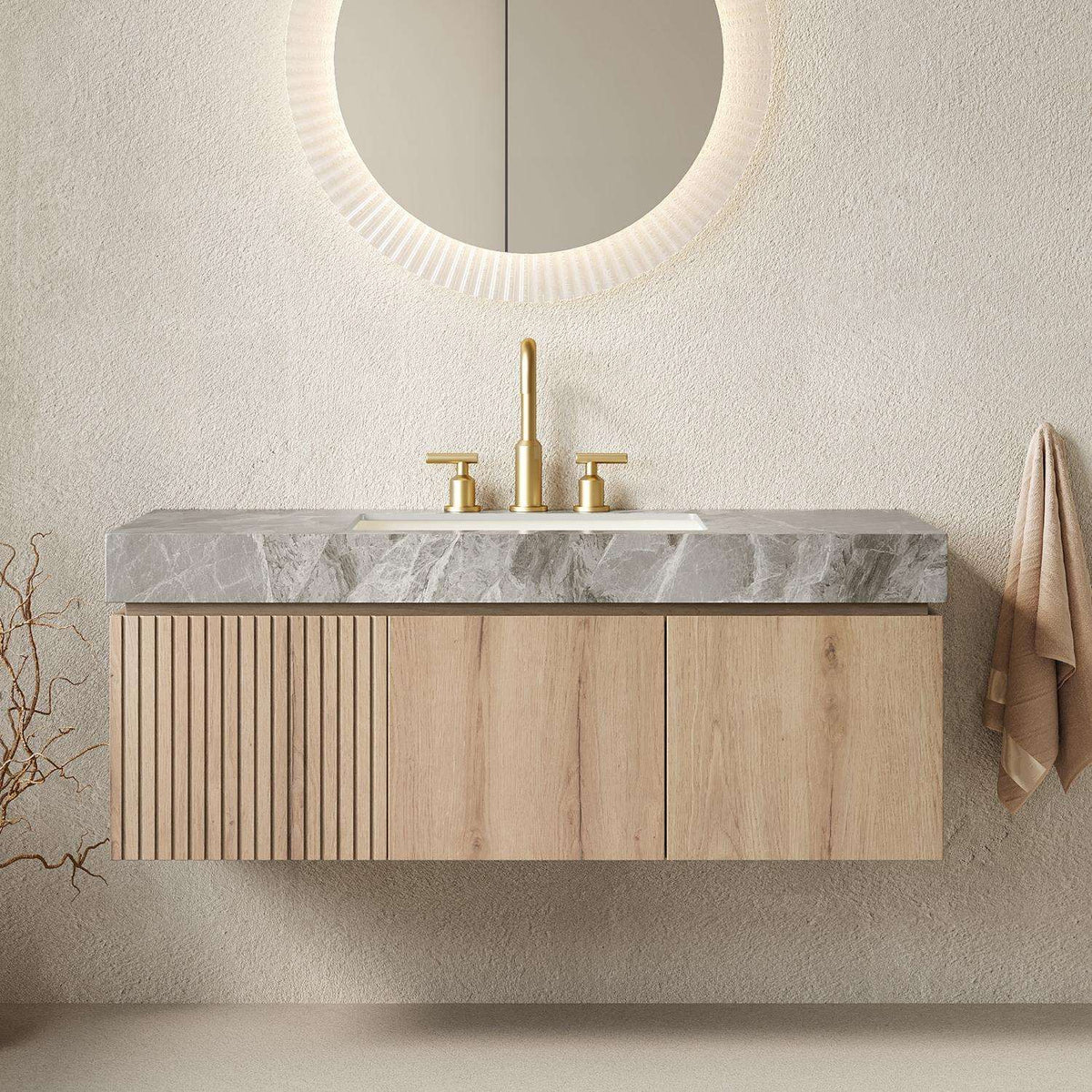 48" Brown Wood Floating Double Door Bathroom Vanity With White Sink